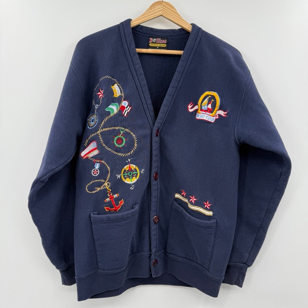 Vintage b wear fleece sweatshirt cardigan yacht nautical sail grandma medium